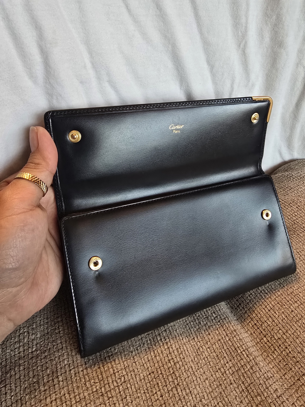 Cartier Black Kisslock Leather Wallet with Gold Hardware